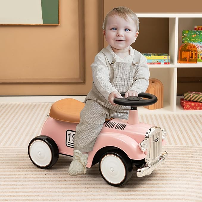 HONEY JOY Ride On Push Car, Outdoor Toddler Riding Toys w/Steering Wheel, Horn & Storage, Foot-to-Floor Sliding Car, No Batteries, Retro Baby Ride On Toys for Boys and Girls (Pink)