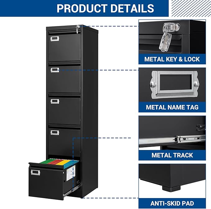 File Cabinets - 5 Drawers Vertical 17.8" Deep Lockable Filing Cabinet - Black & Gray Metal Storage Cabinets for Home Office to Hanging Files Letter/Legal/F4/A4 Size