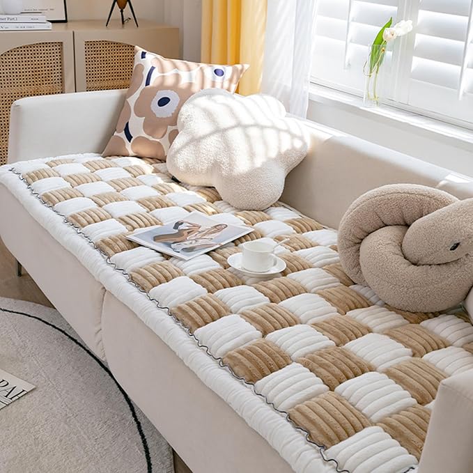 FunnyFuzzy Cream-Coloured Plaid Square Pet Mat Bed Couch Cover, Winter Thickened Dog Bed Cover Pet Blanket Sofa Couch Furniture Protector for Kids Dog Cat(Size:19.6 * 19.6 in,Color:Brown)