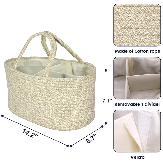 Baby Diaper Caddy Organizer for Girl Boy Cotton Rope Nursery Storage Bin Basket Portable Holder Tote Bag for Changing Table Car Travel Baby Shower Gifts Newborn Registry Must Have Items oatmeal