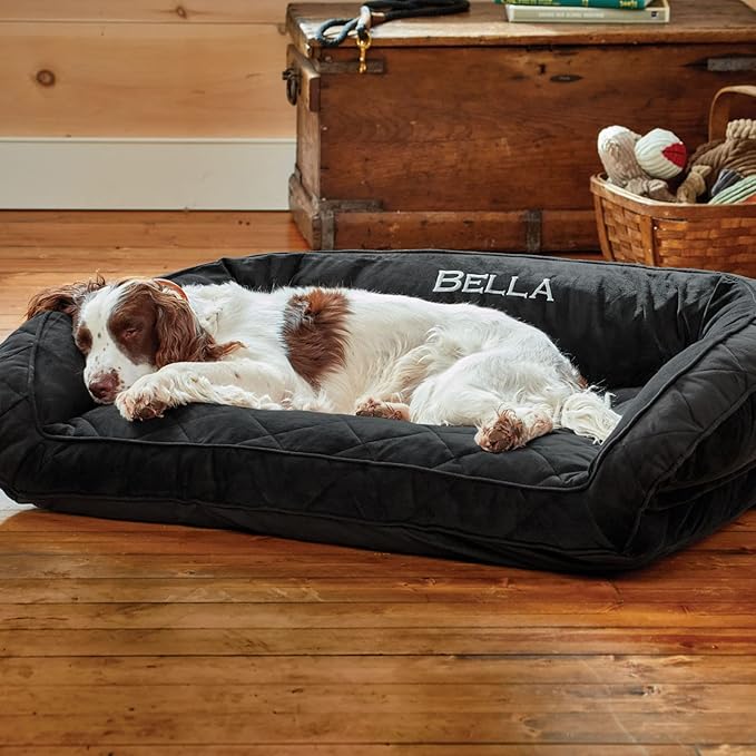 Orvis ComfortFill-Eco Bolster Dog Bed - Plush Rectangular Dog Beds with Three-Sided Bolster for Leaning, Slate - S