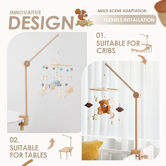 HI BABY MONMENT Crib Mobile Arm - Rotating Baby Mobile Hanger, Natural Beech Wood, Mobile Stand for Crib Nursery Decor, Perfect for Baby Girl or Boys