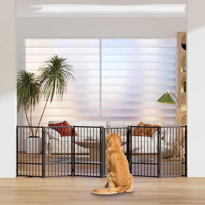 Full Metal Freestanding Dog Gate with Door, 32''Height Foldable Pet Dog Fence for Indoor & Outdoor, 6 Panels Extra Wide Free Standing TallDog Gates for Doorways,House,Stairs,Porch,Deck,Yard