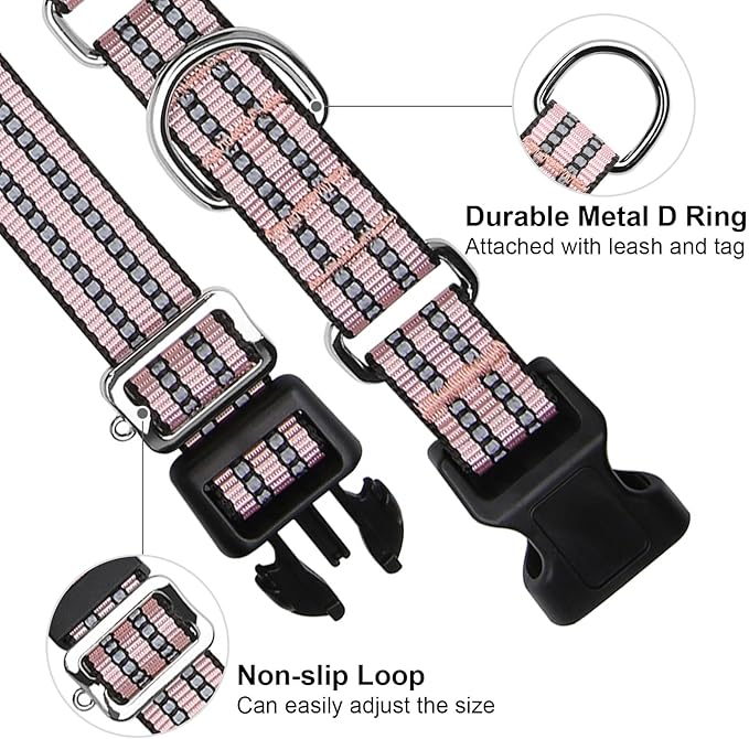 Martingale Dog Collar, Adjustable Nylon Reflective Collar with Quick Release Buckle (Light Pink, Medium)