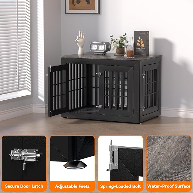 38" Heavy Duty Dog Crate Furniture for Small,Medium and Large Dogs,Rustic Wooden Dog Cage Kennel Indoor Furniture with Waterproof Top,Decorative Pet House Side End Table (Black & Grey)