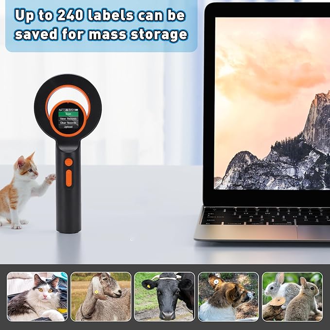 Pet Microchip Scanner, Portable Chip Reader 1.44 Inch TFT Screen Animal Microchip Scanner Support EMID FDX B Tag 240 Tag Data Storage 2.4GHz Wireless BT USB Connection
