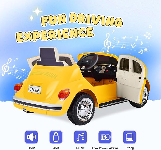 12V Kids Electric Car, Power Wheels with Remote Control, Ride on Car Toys with LED Light, 3 Speeds, Music, Yellow