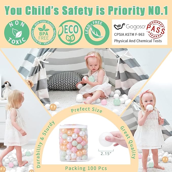 GOGOSO Ball Pits Balls for Toddlers Pack of 50 100 200 Plastics Shape Ball Non-Phthalate Non-BPA Non-Toxic 2.2-Inch Crush Proof Play Balls