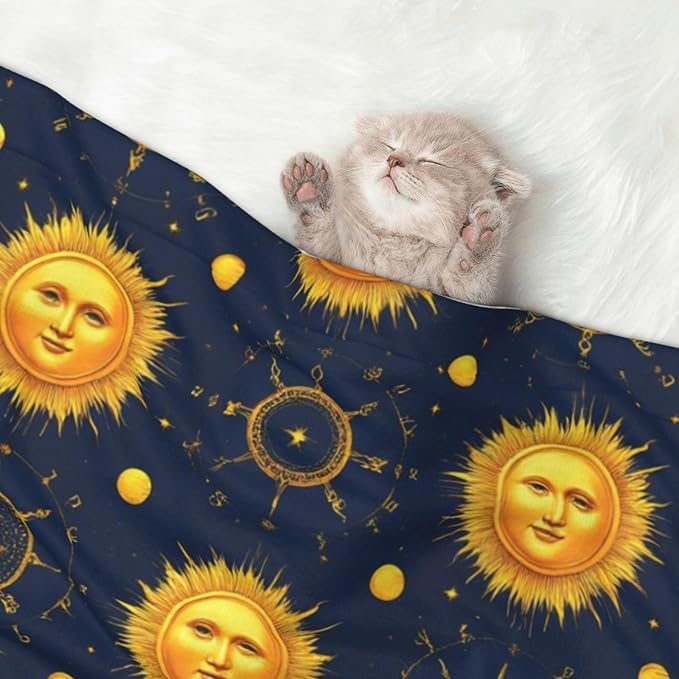 Double Sided Plush Pet Blanket with Cozy Dot Texture and Smooth Reverse, Meet 998 Boho Chic Art Golden Sun Moon And Stars Over Blue Black Sky, Reversible Throw for Dogs Cats on Couches Beds Crates
