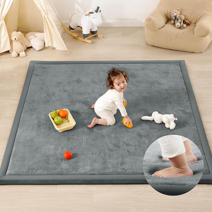 1.3" Thick Baby Play Mat for Floor, 79x79 Large Foam Tummy Time Mat, Padded Support Soft Plush Nursery Rug for Infant Kids Toddler Crawling Kick Activity (Dark Grey)