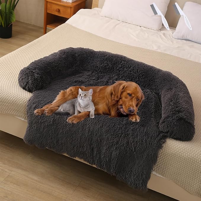 Dream Cloud Pet Sofa Bed for Dogs Cats, 2026 Washable Removable Calming Fluffy Plush Mat for Furniture Protector, Long Fur Non-Slip, for Small/Medium/Large Home Pets (Black, L: 37.4 * 33.5IN)