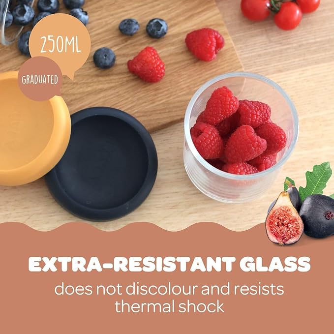 BEABA 4 Pack Glass Baby Food Jars with Soft Silicone Air Tight Lids, 8 oz Glass Storage Containers with Lids, Microwave and Freezer Safe Containers, Sunrise