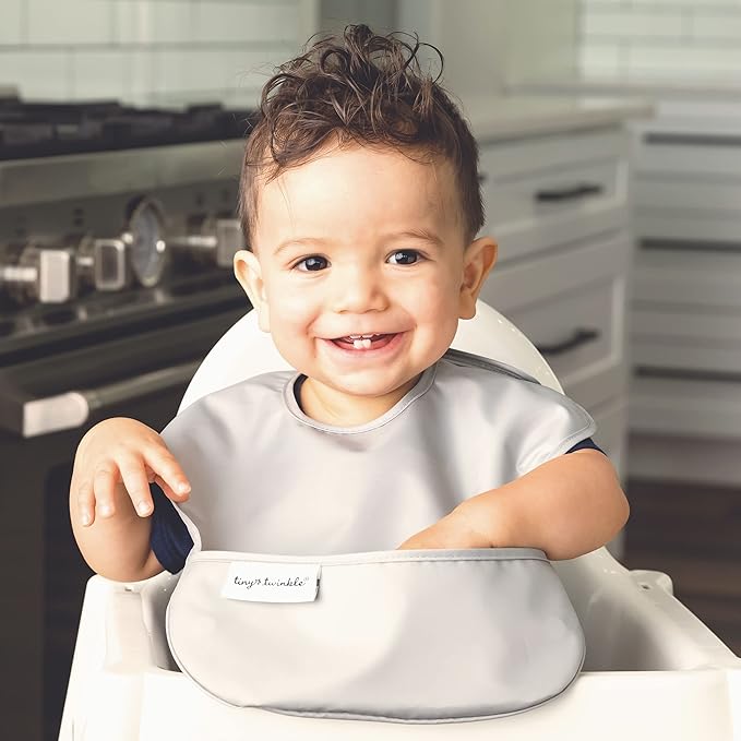 Tiny Twinkle Mess Proof Baby Bibs for Eating - Waterproof, Wipeable Bibs - Toddler Bibs - Travel Friendly - PFAS, PVC, BPA, Phthalate Free - Baby Food Bibs (3 Pack,Slate, Olive)