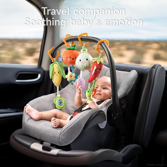 TUMAMA Hanging Baby Toys, 4 Pack Vegetable Crib Stroller Baby Gym Mobile Plush Toys, Early Baby Cognitive Sensory Hanging Rattle Toys with Teether. Suitable for Babies 0, 3, 6, 9, 12 Months