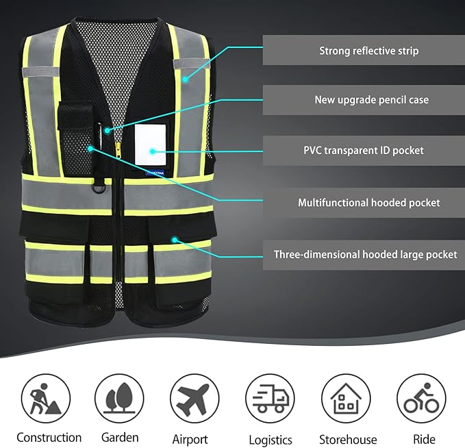 AYKRM 11 color High Vis Reflective Safety Vest for Women Men Security Pocket Zipper