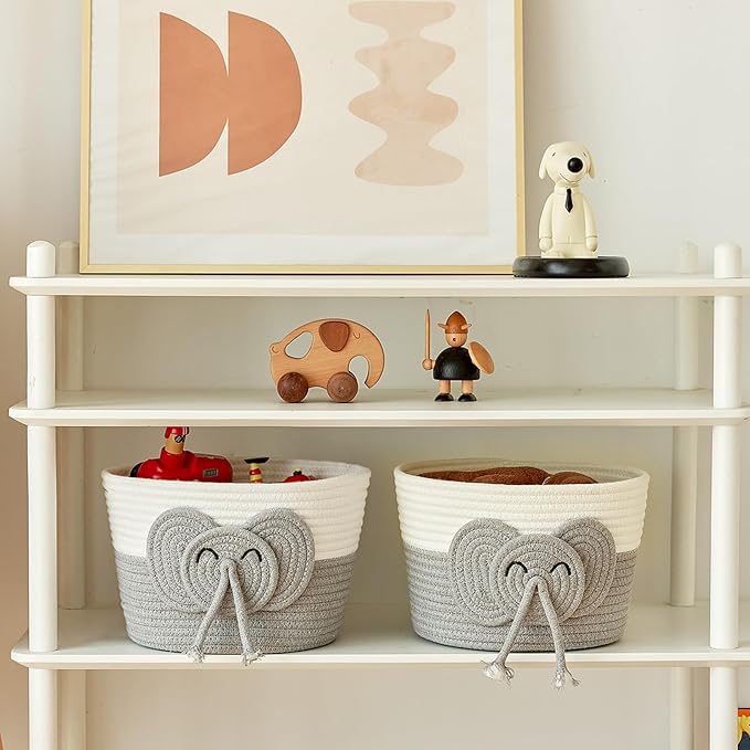 Adorable Small Elephant Cotton Rope Basket - Gift Empty Baskets - Toy Storage Basket, Woven Basket for Baby Essentials, Decorative Woven Basket for Nurseries and Playrooms (11"x7")