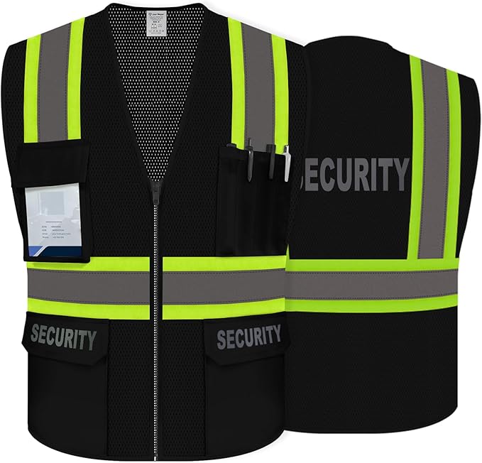 Security Vest for Security Guard, Hi Vis Mesh Vest with Pockets, High Visibility Safety Vest with Reflective Strips, ANSI Compliant, Black, M