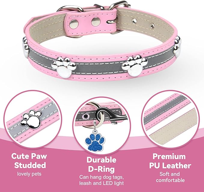 PETCARE Reflective Dog Collar with Cute Paw Rivet Studded Funny Soft PU Leather Adjustable Puppy Dog Collars for Small Medium Large Dogs Cats (Pink,Large)