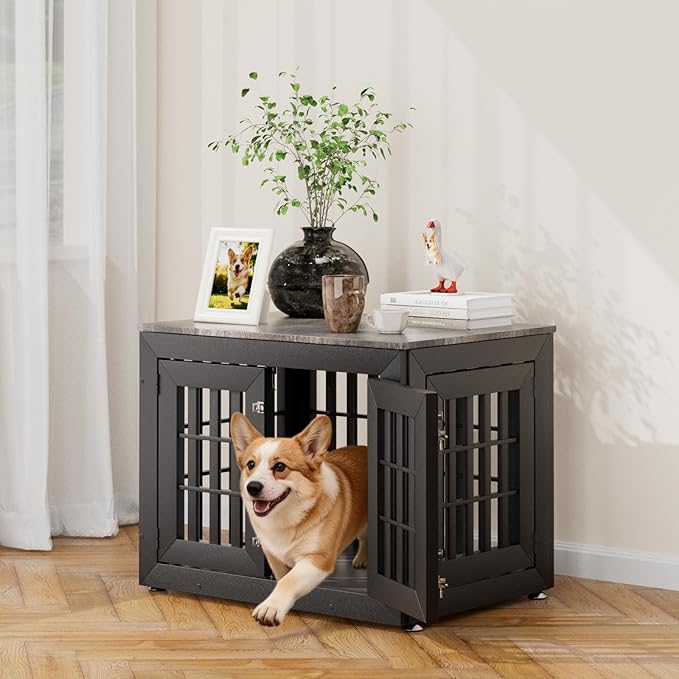 32" Heavy Duty Dog Crate Furniture for Small,Medium and Large Dogs,Rustic Wooden Dog Cage Kennel Indoor Furniture with Waterproof Top,Decorative Pet House Side End Table (Black & Grey)
