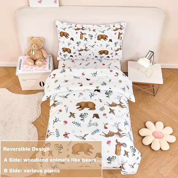 PERFEMET Kids Comforter Sets Twin 4 Pieces Cartoon Woodland Animal Print Bedding for Boys Girls Soft Reversible Bear Deer Forest Theme Children Bedroom Set with Sheets for All Season Use