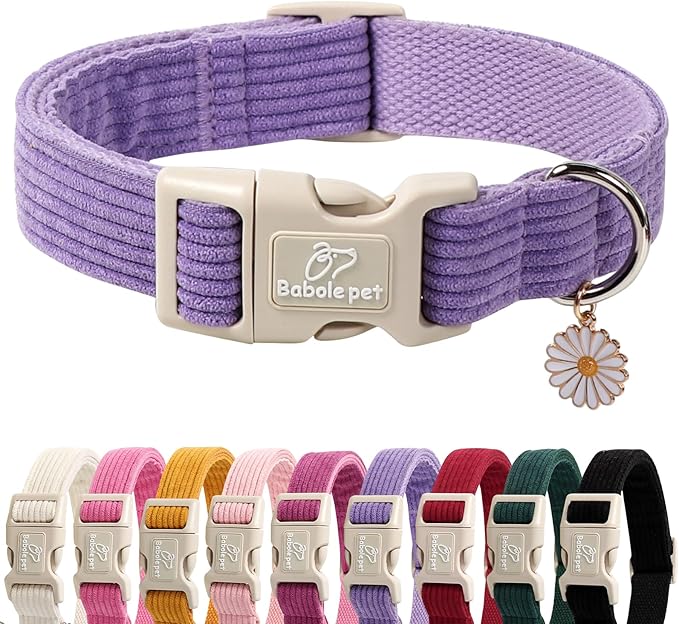 Cute Corduroy Dog Collar - Lavender Adjustable Dog Collars for X-Small Dogs 4-10lbs, Fade-Proof with Secure Snap & Little Charm, Christmas Birthday Gift, XS