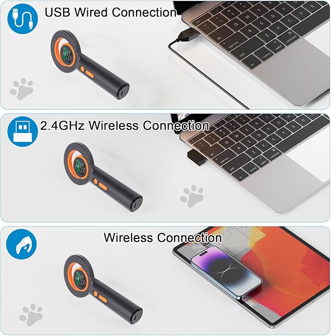 Fafeicy Pet Chip Reader, EMID FDX B ISO11784 85 Scanner with 2.4G BT USB Connectivity, for Animal Marker and Glass Digital Tag Detection up to 20cm