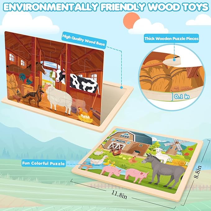 Wooden Farm Puzzles for Kids Age 3 4 5 Year Old, 4 Pack 24 Pcs Montessori Toddler Jigsaw Puzzles for Girl boy Activities Preschool Learning Educational Birthday Gift