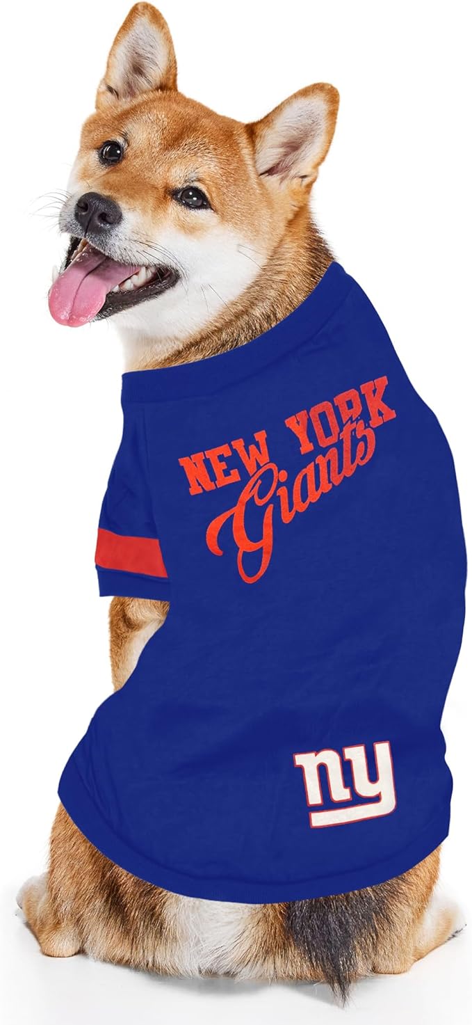 Pets First NFL New York Giants T-Shirt for Dogs & Cats, Small. Football Dog Shirt for NFL Team Fans. New & Updated Fashionable Stripe Design, Durable & Cute Sports PET TEE Shirt Outfit (NYG-4146-SM)