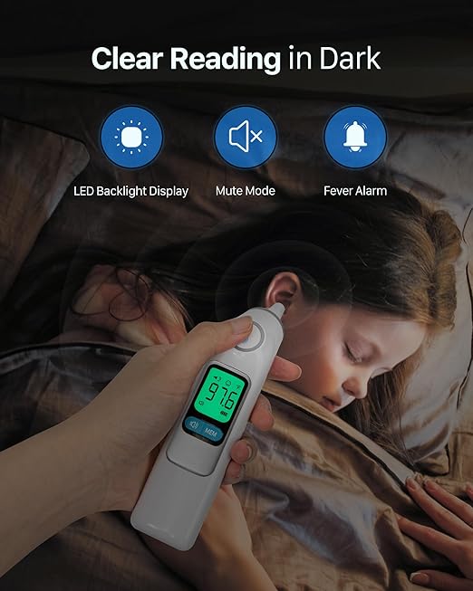 Ear Thermometer, Highly Accurate Ear Thermometer for Kids, Adults and Babies, 30 Memory Recall, 1s Result and 3-Color Fever Alert, with 24 Disposable Probe Covers, White