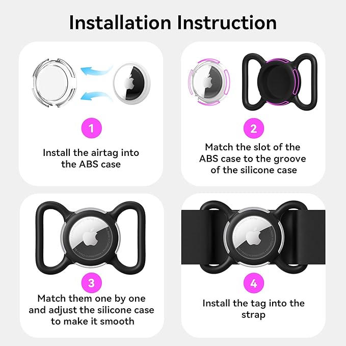 Waterproof Airtag Dog Collar Holder, Silicone & ABS Airtag Holder for Dog & Cat Collars, Ultra-Durable, Lightweight and Protective Airtag Case (Black & Pink, Large)