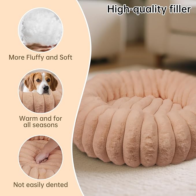 Donut Dog and Cat Bed, Luxurious Comfortable Faux Rabbit Fur Pet Beds, Round Anti-Anxiety Calming Puppy Kitten Bed with Anti-Slip Bottom for Small Medium Dogs & Cats(23", Brown)