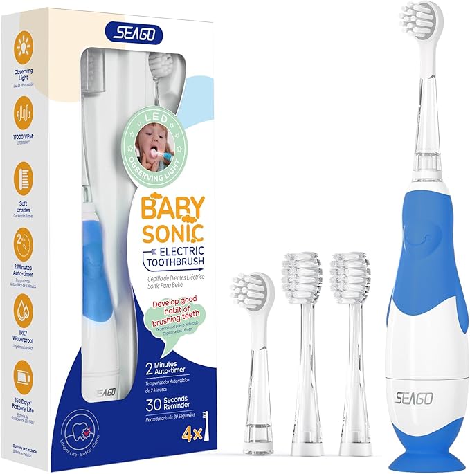 SEAGO Toddler Electric Toothbrushes for Baby Ages 0-3 Years, Baby Toothbrush with Smart Timer and Suction Base, 4 Replacement Brush Heads SG-513 (Navy-C)