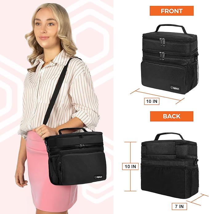 opux Insulated 2 Deck Lunch Bag for Men Women, Large Dual Compartment Cooler Bag for Work School Picnic, Leakproof with Strap for Kid Adult (Black)