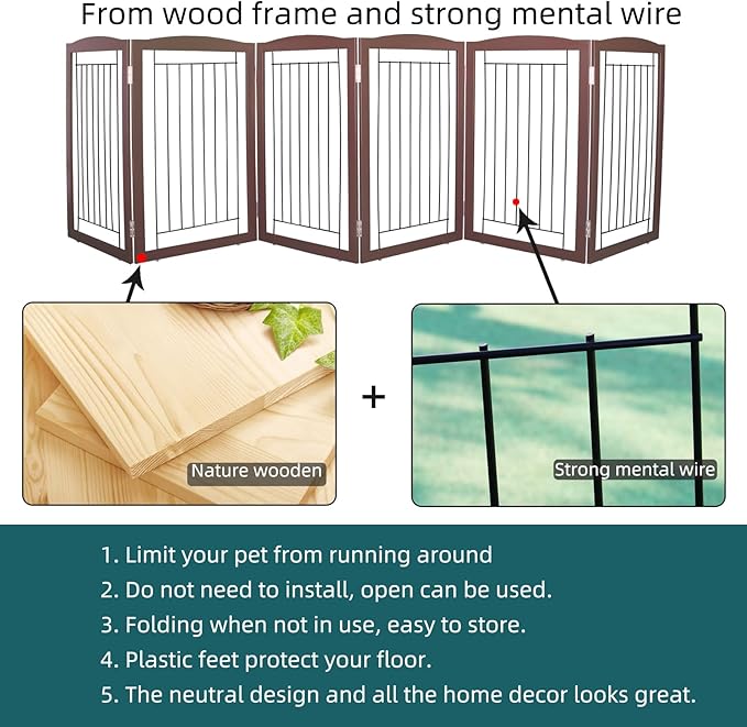 ZJSF Freestanding Foldable Dog Gate for House Extra Wide Wooden Brown Puppy Gate Stairs Dog Gates Doorways Tall Pet Gate 32 "Height 6 Panels Pet Fence