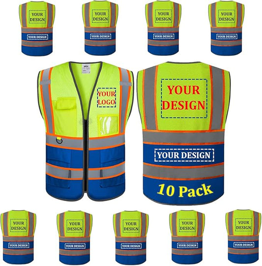 10 Pack Custom Mesh Safety Vest Customized Logo Class2 High Visibility Reflective Vest with Pockets Construction workwear（Yellow Blue，3XL ）