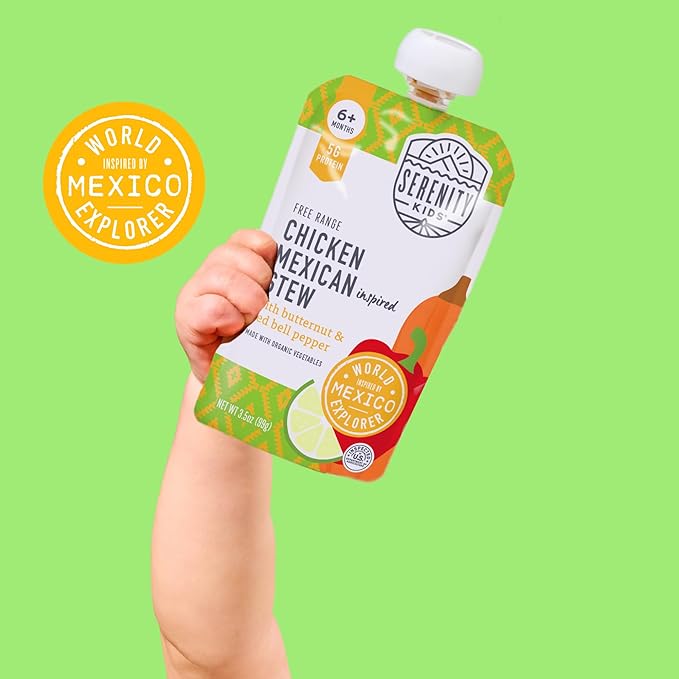 Serenity Kids 7+ Months World Explorers Baby Food Pouches - Puree With Ethically Sourced Meats & Organic Veggies - BPA-Free Organic Baby Food - 3.5 Oz, 18 Pack