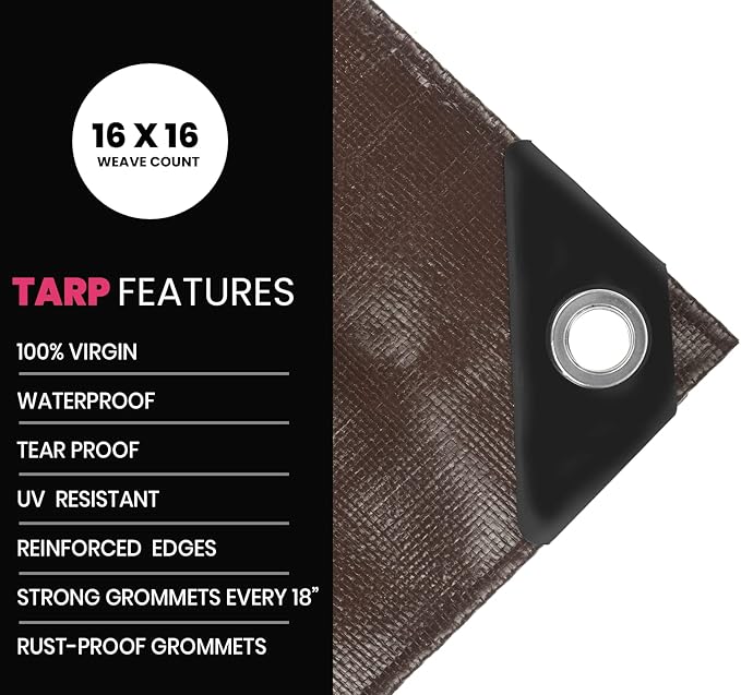 PROTARP Extreme Heavy Duty 22 Mil Tarp Cover, Waterproof, UV Resistant, Rip and Tear Proof, Poly Tarpaulin with Reinforced Edges for Roof, Camping, Patio, Pool, Boat. (Brown/Black 18′ X 24′)