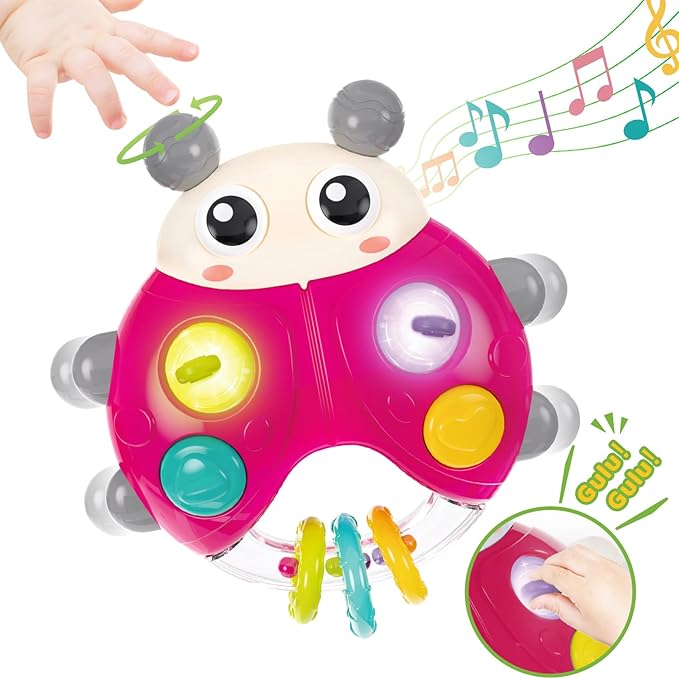 Ladybug Baby Light Up Toys with Rattle Led Light Music, Interactive Educational Fine Motor Development Toy for 3-6-12-18-24 Months Baby Toddler - Red