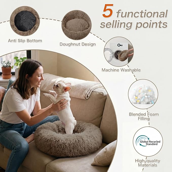 Calming Dog Bed, 20" x 20" x 6" Fits Cat & Dog, Anti-Slip Round Washable Faux Fur for Doze Off, Napping Orthopedic, Khaki