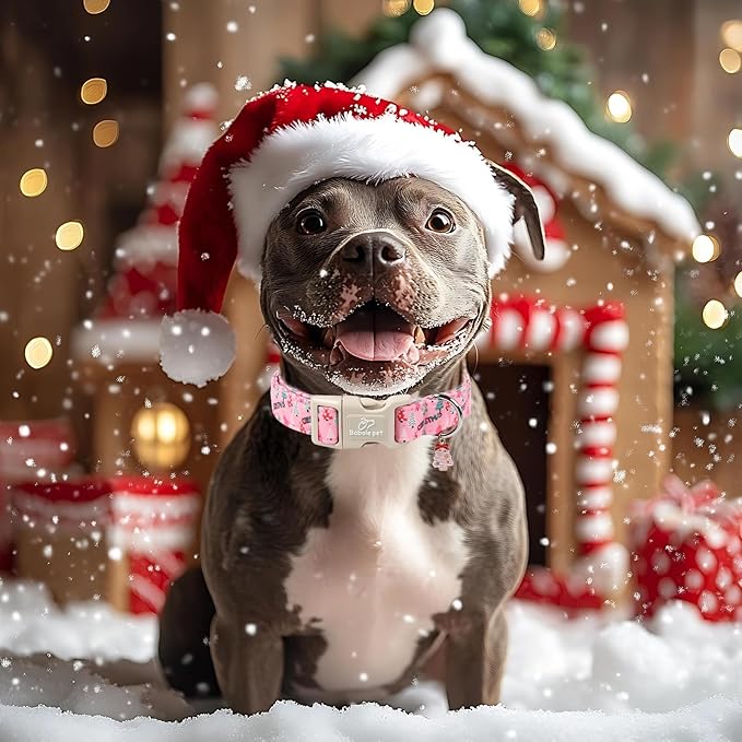 Christmas Dog Collar for Medium Dogs - Cute Xmas Tree Print Pink Christmas Collars for Dogs, Soft Adjustable Winter Holiday Dog Collars with Quick Release Buckle M