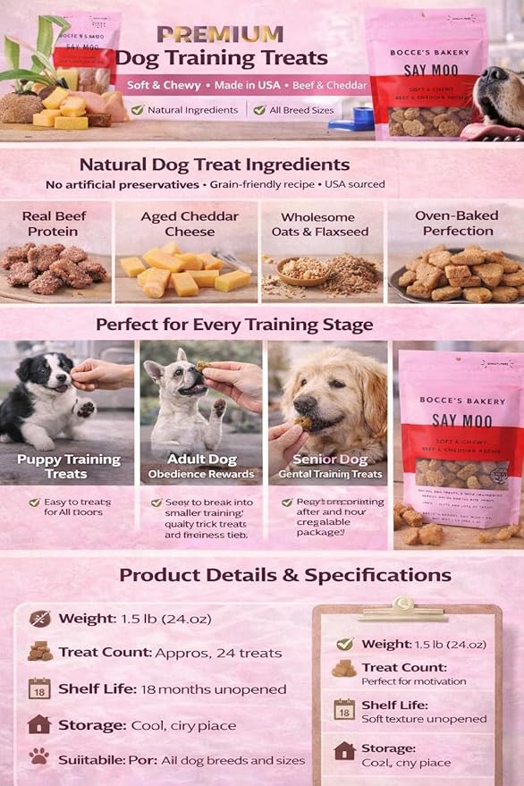 Say Moo Dog Treats. Bocces Bakery. Soft & Chewy Beef & Cheddar Recipe. 1.5 lb.