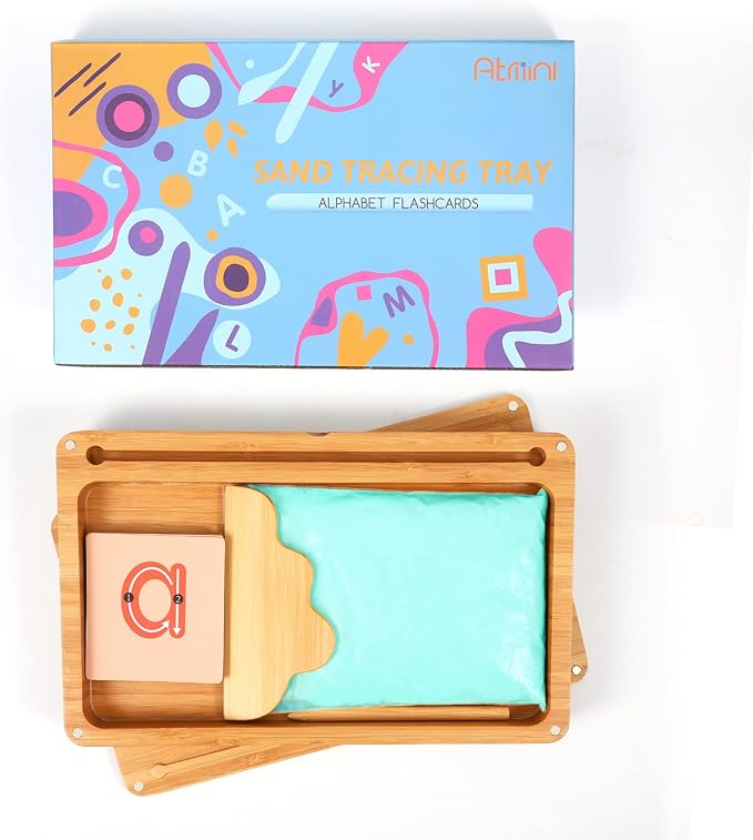 Montessori Sand Tray with Lid - Wooden Sand Trays for Kids Writing Letters and Numbers, Preschool Classroom Must Haves, Kindergarten Learning Tools (Blue)