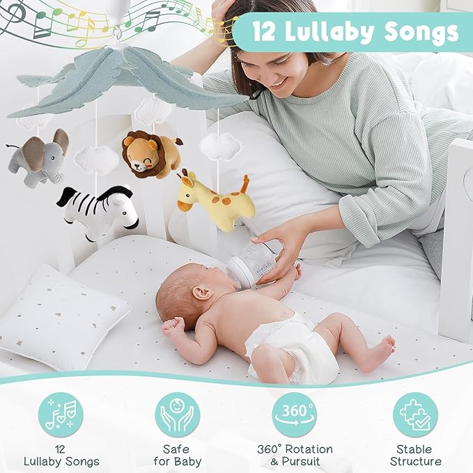 Animals Crib Mobile for Boys & Girls - Safari Baby Mobile for Crib with Upgraded 3-Mode Music Box, Nursery Mobiles, Fits Standard Cribs