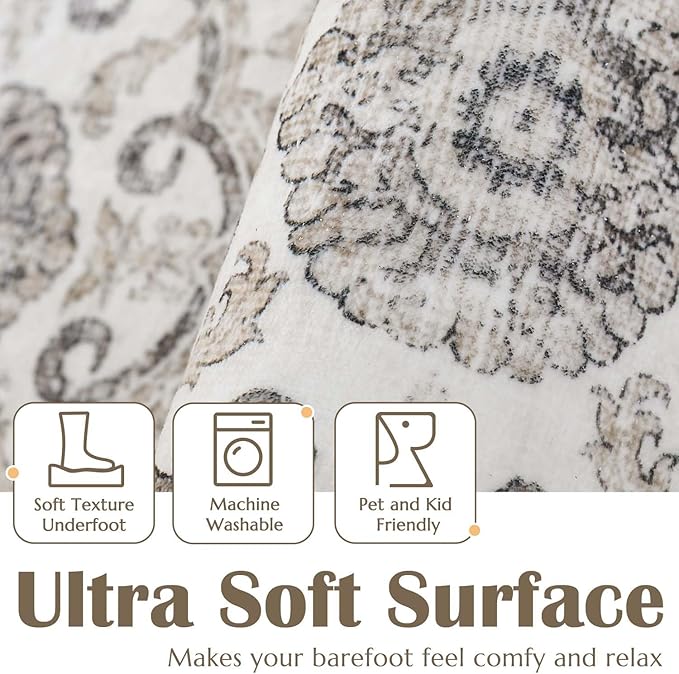 jinchan Floral Area Rugs 4x6 - Machine Washable Vintage Distressed Boho Design Throw Rug Stain Resistant Carpet Low Pile Ultra-Thin Non-Slip for Bedroom Living Room Dining Room Kitchen (4‘x6',Beige)