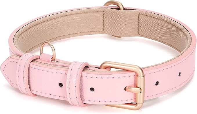 WHIPPY Leather Dog Collar for Small Medium Large Dog Adjustable Soft Breathable Leather Padded Puppy Collar with Alloy Buckle Heavy Duty Waterproof Classic Dog Pet Collar,Pink,S