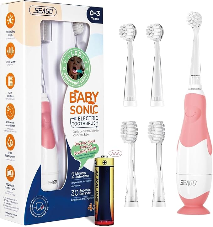 Toddler Electric Toothbrush, Soft Bristles, Colorful LED Light for Easy Checkups, Makes Brushing Fun, 2-Minute Timer for Proper Brushing, Cute Design, IPX7 Waterproof, Includes AAA Battery (Pink)
