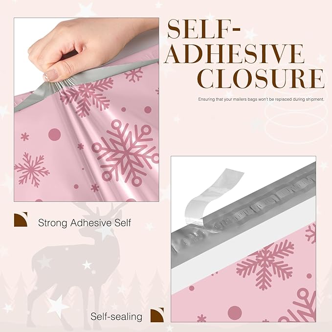 Metronic Christmas Poly Mailers 10x13" 1200pc Shipping Bags for Clothes,Self Adhesive Shipping Envelopes for Small Business,Waterproof Mailers Poly Bags for Shipping,Packaging Mailing Bags Pink Snow