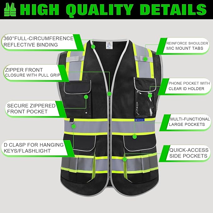 BeautyWill ANSI Certified Custom Logo Safety Vest 8-Pockets Class2 High Visibility Reflective Vest for Men - Personalized Logo Heavy-Duty Work Vest（Black，5Pack，XL）