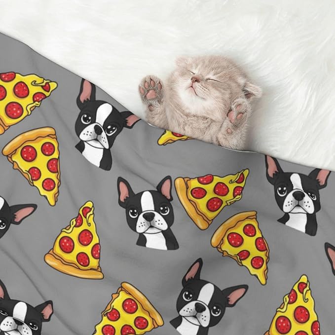 Double Sided Pet Mat for Dog Bed Topper Cat Blanket Furniture Protector, Grey Boston Terrier Dog Pizza, Reversible Plush with Tactile Dot Pattern for Style Change