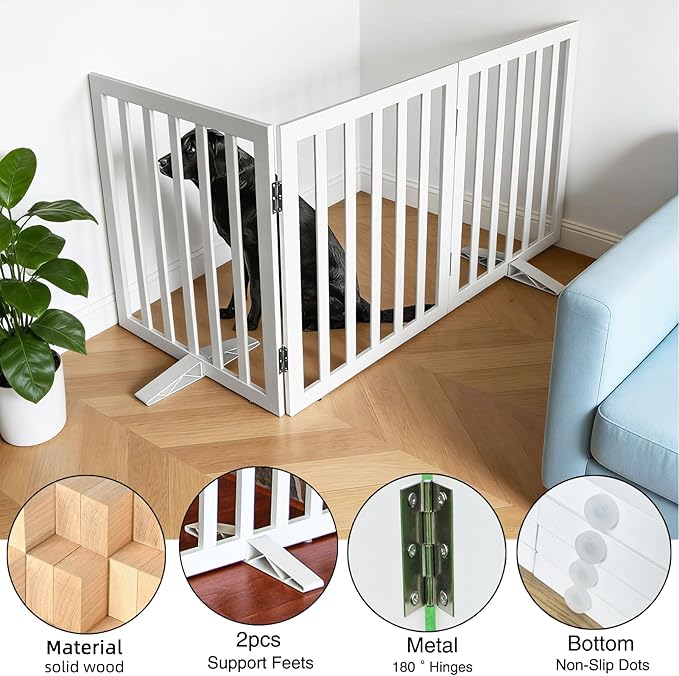 Dog Gate Indoor, Freestanding Dog Fence for The House, Doorways, Hallways,or Stairs,Pet Gate Foldable Wooden,Expandable 24" Height 3 Panels,White